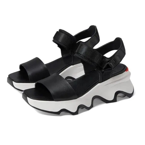 SOREL Black KINETIC Leather Rubber Wavy Platform Sandals - Picture 2 of 10